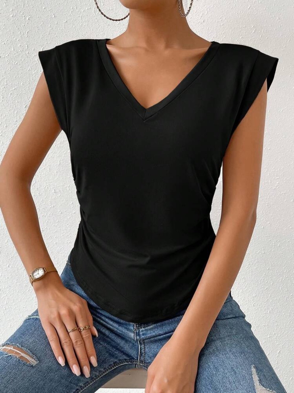 SHEIN Black V-Neck Cap Sleeve Tee